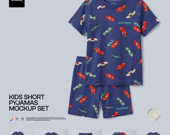 Kids Pajama Mockup Set, Short-Sleeve T-Shirt and Shorts PSD