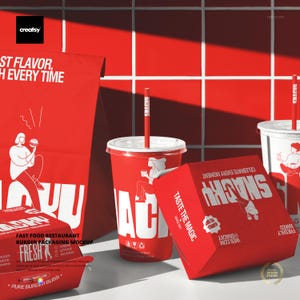Op de afbeelding: Rode fastfoodverpakkingsmockup met een hamburgerdoos, drinkbekers met rietjes en een papieren zak. Het ontwerp bevat witte illustraties en tekst, met de woorden "ST FLAVOR, H EVERY TIME" en "SNACKY" prominent aanwezig.