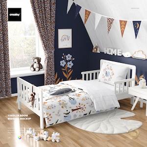 Toddler Room Bedding Mockup, Duvet Cover Pillow Curtains, Layered PSD