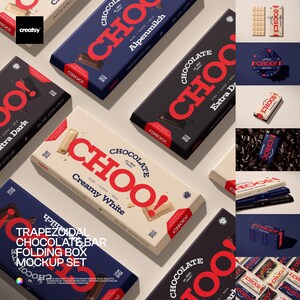 Trapezoidal Chocolate Bar Folding Box PSD Mockup Set with 7 Editable Files