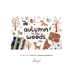 Puede incluir: Una colecci&oacute;n de m&aacute;s de 200 ilustraciones con tem&aacute;tica oto&ntilde;al que presentan animales del bosque, &aacute;rboles y hojas. Las ilustraciones est&aacute;n en un estilo lindo y de dibujos animados y son perfectas para crear dise&ntilde;os digitales o impresos. El texto "oto&ntilde;o en el bosque" aparece en el centro de la imagen.
