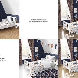 Puede incluir: Una cama de ni&ntilde;o peque&ntilde;a de color blanco con un juego de cama con estampado floral y una alfombra blanca. La habitaci&oacute;n tiene una pared azul marino con un dise&ntilde;o floral y una guirnalda de banderas que dicen "HOME".