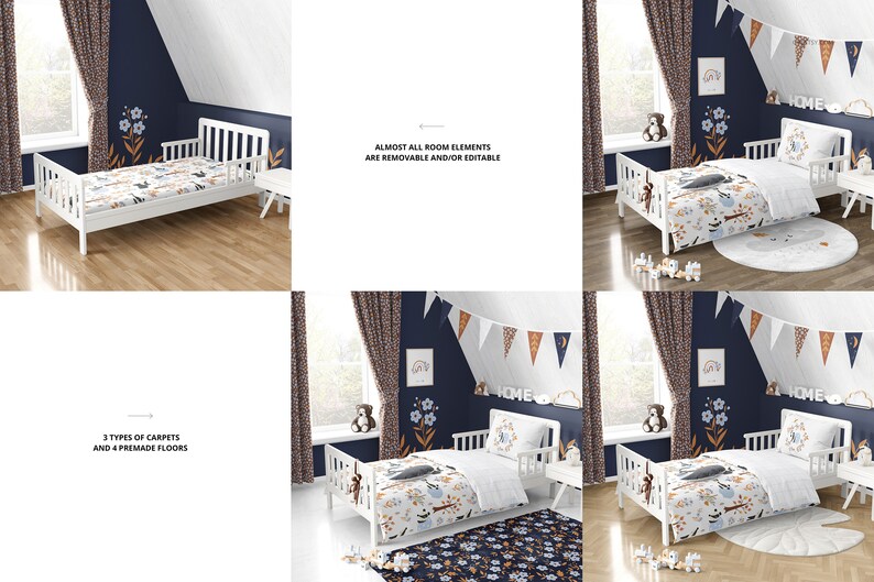 Puede incluir: Una cama de ni&ntilde;o peque&ntilde;a de color blanco con un juego de cama con estampado floral y una alfombra blanca. La habitaci&oacute;n tiene una pared azul marino con un dise&ntilde;o floral y una guirnalda de banderas que dicen "HOME".