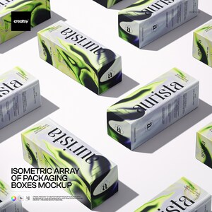 Può includere: Una serie di scatole di prodotti rettangolari con la parola "aurista" in un carattere stilizzato. Le scatole hanno uno sfondo bianco con un design astratto verde e nero. Le scatole hanno anche la lettera "a". Le scatole sono disposte in un array isometrico.