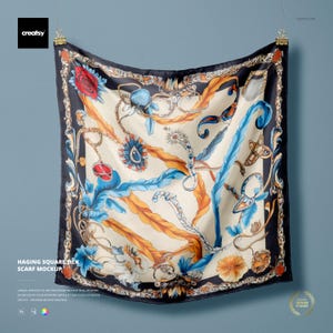 Hanging Square Silk Scarf Mockup, Layered PSD Template, Fabric Pattern & Color Change