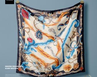 Maquette de foulard carré en soie suspendu, modèle PSD en couches, motif de tissu et changement de couleur