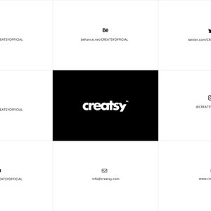 May include: A white text logo on a black background that reads "creatsy" with a trademark symbol. Below the logo are links to the company's social media accounts, including Facebook, Behance, Twitter, Pinterest, Instagram, YouTube, and their website.
