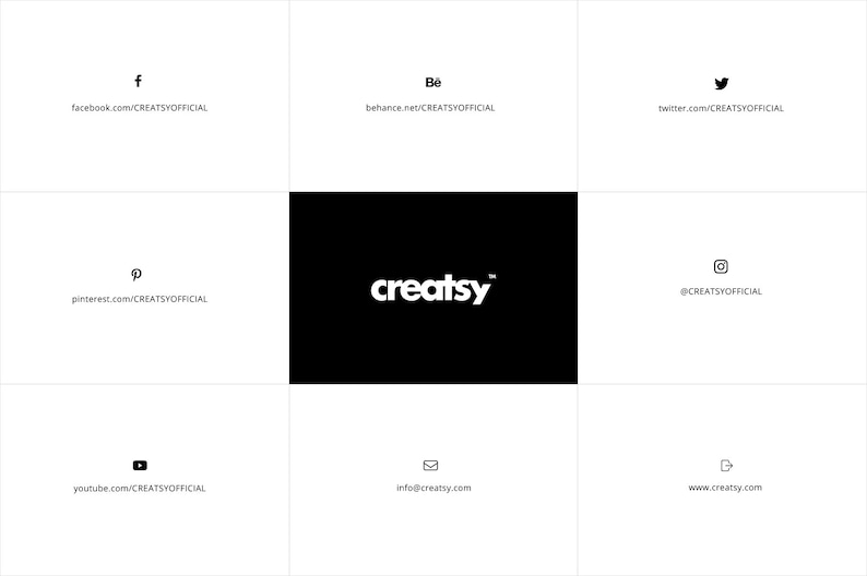May include: A white text logo on a black background that reads "creatsy" with a trademark symbol. Below the logo are links to the company's social media accounts, including Facebook, Behance, Twitter, Pinterest, Instagram, YouTube, and their website.