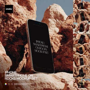 iPhone Screen PSD Mockup Set on Rocks with 16 Editable Scenes