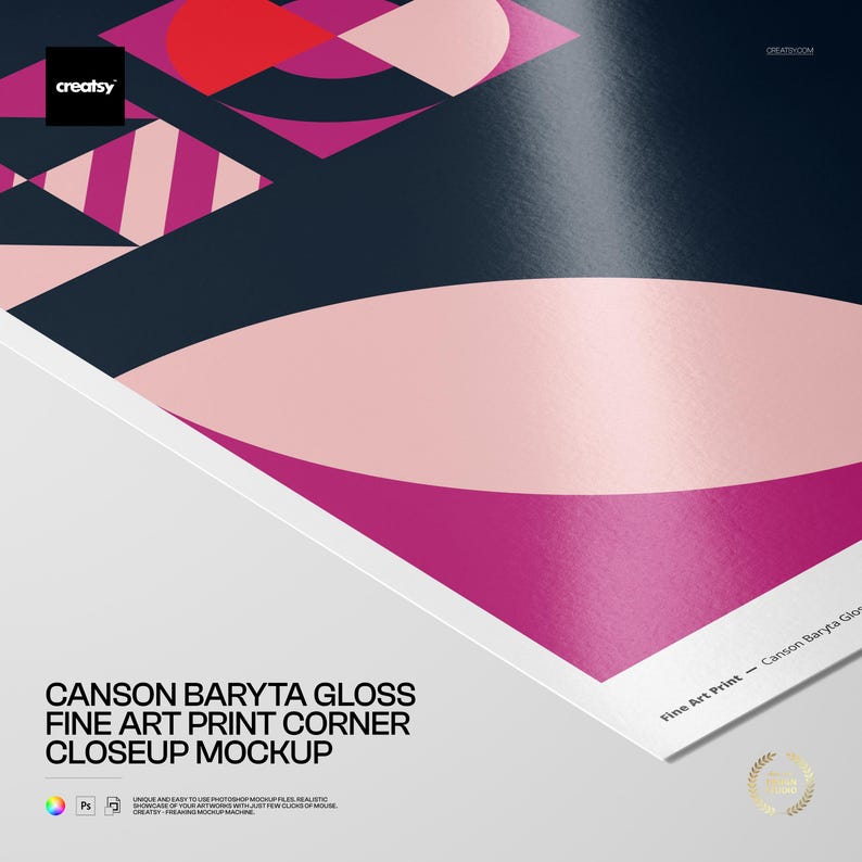 Op de afbeelding: Een hoek-close-up mockup van een Canson Baryta Gloss fine art print. Het ontwerp bevat geometrische vormen in roze, rood en marineblauw. De tekst "CANSON BARYTA GLOSS FINE ART PRINT CORNER CLOSEUP MOCKUP" is zichtbaar.