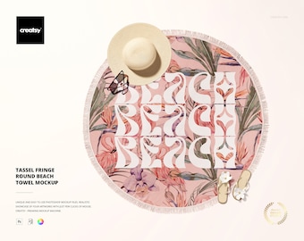 Maqueta de toalla de playa redonda con flecos y borlas
