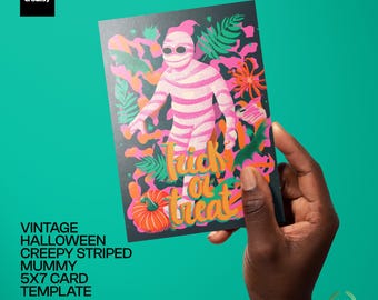 Vintage Halloween Creepy Striped Mummy 5x7 Folded Card PSD Template