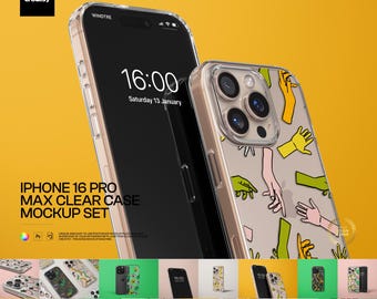 iPhone 16 Pro Max Clear Case PSD Mockup Set, 17 Scenes