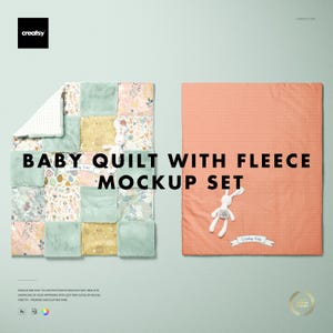 Op de afbeelding: Een babyquilt-mockupset met twee quilts en een knuffelkonijn. Eén quilt is patchwork met bloemen- en fleece vierkanten. De andere is perzikkleurig met een stippenpatroon. De tekst "BABY QUILT WITH FLEECE MOCKUP SET" wordt weergegeven.