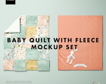 May include: A baby quilt mockup set featuring two quilts and a stuffed bunny. One quilt is patchwork with floral and fleece squares. The other is peach-colored with a dotted pattern. The text "BABY QUILT WITH FLEECE MOCKUP SET" is displayed.