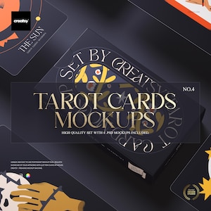 May include: A black box set of Tarot Cards Mockups with gold lettering. The box reads "Tarot Cards Mockups" and "Set by Creatsy". The image also shows individual Tarot cards with the words "The Sun" and "Tarot Cards Mockups".