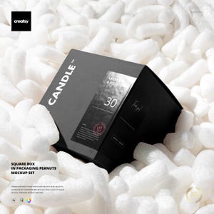 Square Box in Packing Peanuts Mockup Set, PSD Smart Object Packaging Template