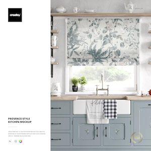 May include: A kitchen scene with a floral blind, white sink, and pale blue cabinets. A towel with the word "Kitchen" is draped over the sink. The text "PROVENCE STYLE KITCHEN MOCKUP" is displayed. The overall style is rustic.