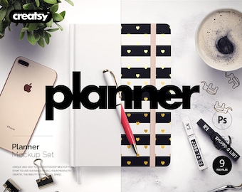 Planner Mockup Set, Notebook Mockup Set, Many Views, Rubber Band, Personalized Cover, Open Notebook Template, Planner Mockup, Notepad