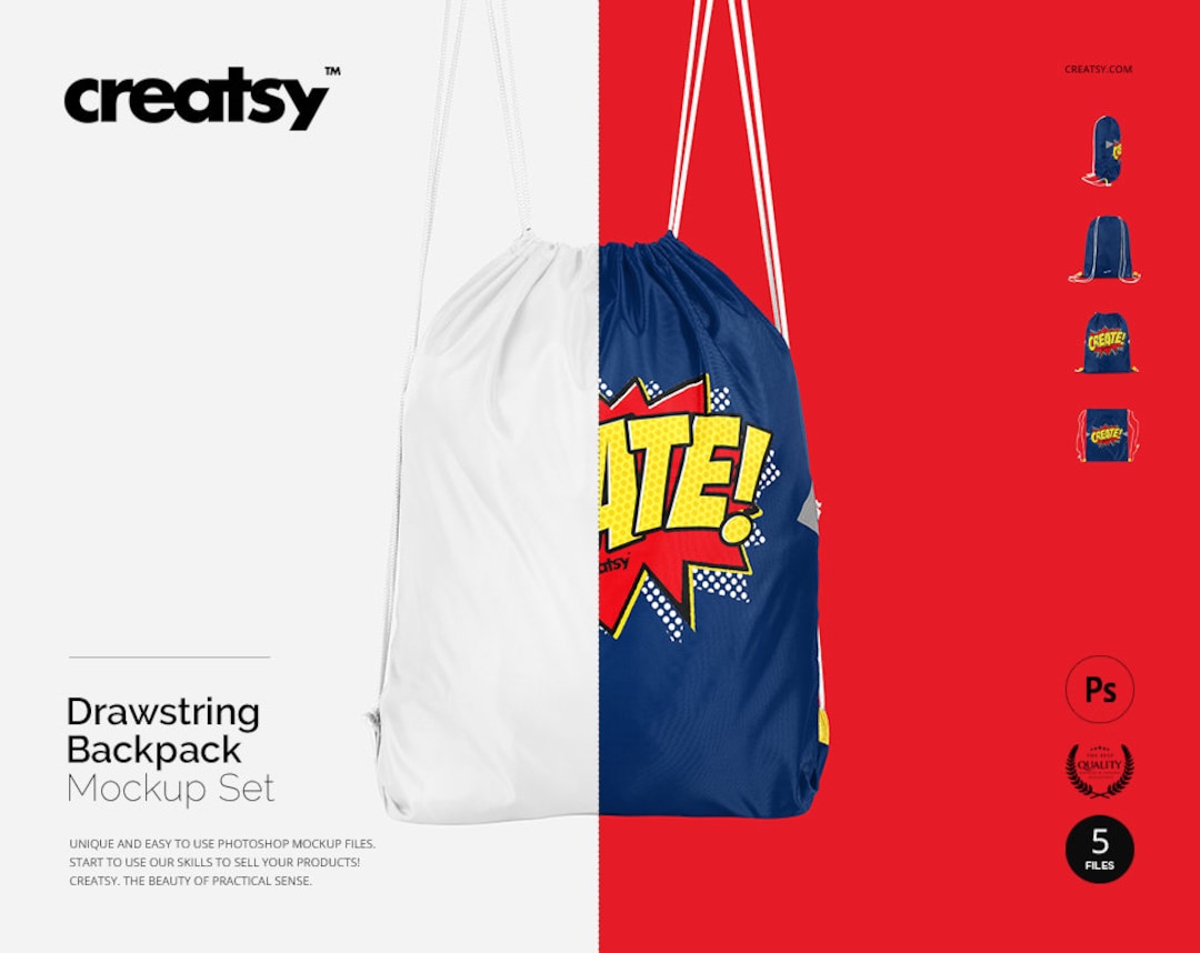 Drawstring Backpack Mockup Set, Bagpack Template, Many Sides, Many Views, School String Bag