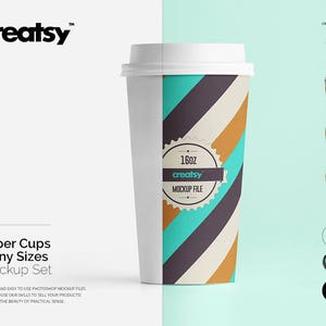 Set di mockup di bicchieri di carta, molte dimensioni, Mockup di tazza, Modello di tazza, Modello di tazza, personalizzato, Parte superiore in plastica, Tazze per feste, Tazza di caffè, PSD, Mock