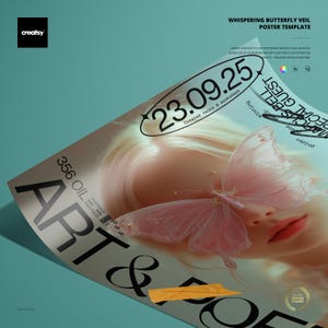 Puede incluir: Plantilla de póster "Whispering Butterfly Veil" con una mariposa rosa sobre el rostro de una persona. El póster muestra la fecha "23.09.25" y el texto "Curated talks & workshops". El fondo es de color turquesa.