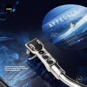 May include: Close-up of a vinyl record on a turntable with a Technics cartridge. The record is blue with the word "APPROACH" in white. The cartridge is silver and black. The image includes the text "CLOSEUP OF VINYL RECORD ON TURNTABLE WITH TECHNICS CARTRIDGE MOCKUP."