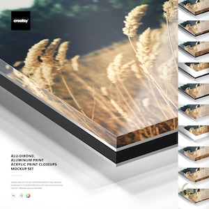Maquetas de primeros planos de impresión en aluminio Dibond, impresión en aluminio, impresión acrílica, objetos inteligentes PSD, arte mural metálico