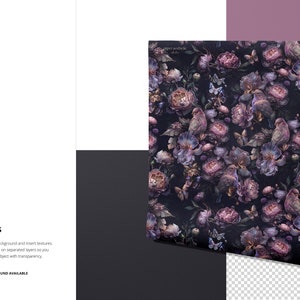 May include: A rolled up floral wallpaper with a dark background and purple flowers, birds, and butterflies. The wallpaper is partially unrolled and has a shadow on a white surface.
