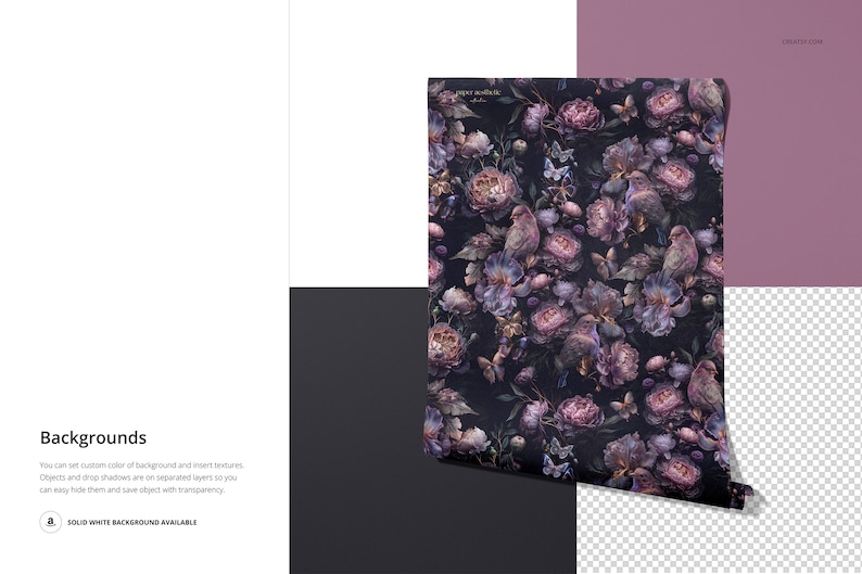 May include: A rolled up floral wallpaper with a dark background and purple flowers, birds, and butterflies. The wallpaper is partially unrolled and has a shadow on a white surface.