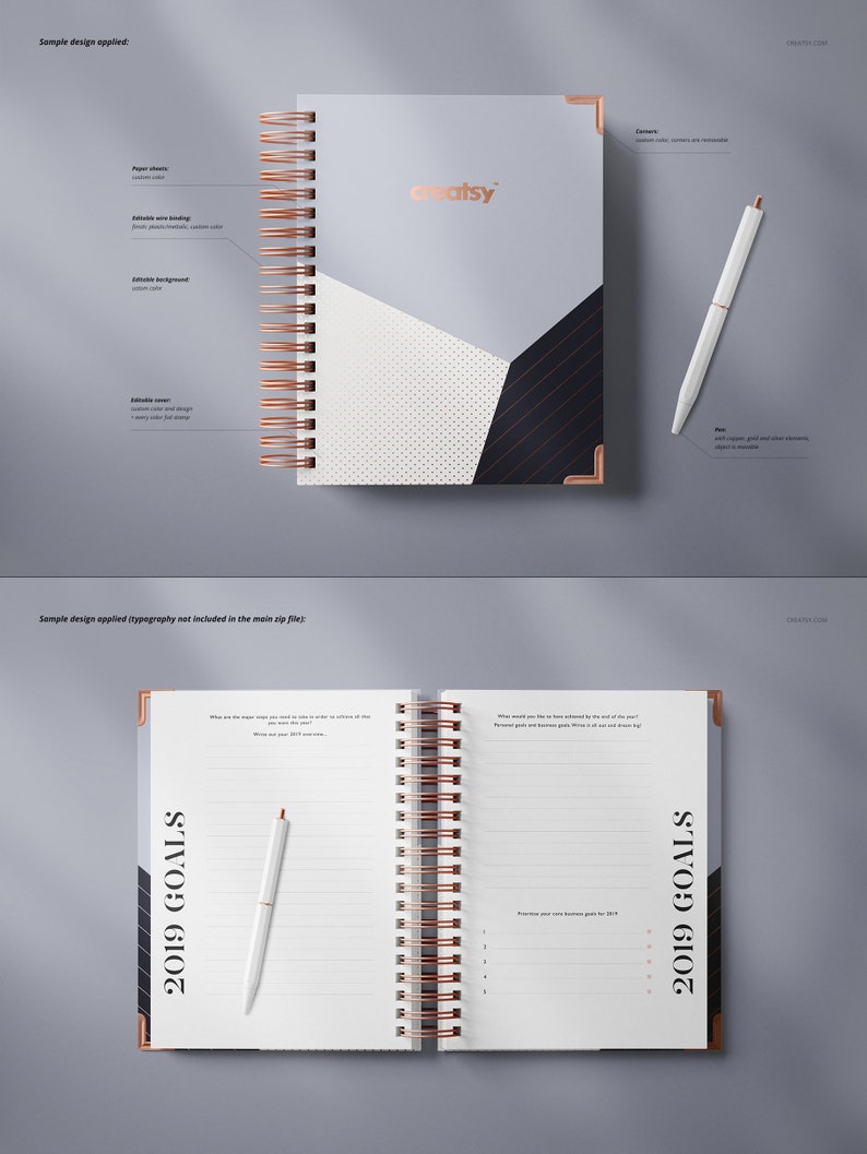 Op de afbeelding: Een wit spiraalnotitieblok met een zwart en grijs geometrisch ontwerp op de omslag. Het notitieblok heeft een spiraalbinding in ros&eacute; goud en een witte pen ligt ernaast. Op de omslag staat de tekst "creatsy" gedrukt. Het notitieblok is opengeklapt op een pagina met de tekst "2019 GOALS" erop.
