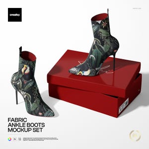 May include: Fabric ankle boots mockup set. Two high-heeled ankle boots with a tropical bird and foliage pattern. One boot is on a red box. The boots have black heels and a red interior. The text "Fabric Ankle Boots Mockup Set" is visible.