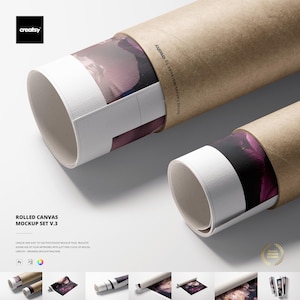 Puede incluir: Dos impresiones en lienzo enrolladas en tubos marrones. Las impresiones en lienzo están parcialmente desenrolladas, revelando una imagen colorida. Los tubos están etiquetados como "Rolled Canvas Mockups by Creatsy". También aparece el texto "ROLLED CANVAS MOCKUP SET V.3".