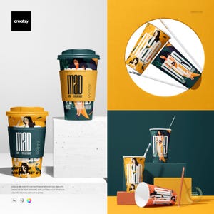 Könnte beinhalten: Ein Mockup-Set aus Pappbechern mit Deckeln und Manschetten. Die Becher zeigen eine Frauenillustration und das Wort "MAD". Die Manschetten sind gelb und türkis, und die Deckel sind türkis. Das Set enthält verschiedene Anordnungen der Becher.