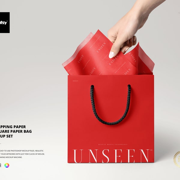 Hand Holding Wrapping Tissue Paper in Square Bag Mockup