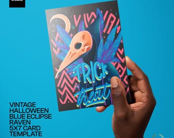 Vintage Halloween Blue Eclipse Raven 5x7 Folded Card PSD Template, Inside and Outside