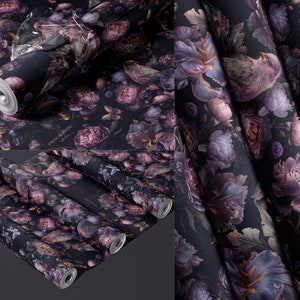 May include: Rolls of dark purple and gold floral patterned wallpaper with the text "paper aesthetic" in gold lettering.