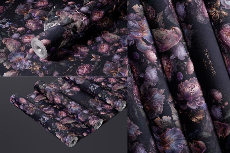 May include: Rolls of dark purple and gold floral patterned wallpaper with the text "paper aesthetic" in gold lettering.
