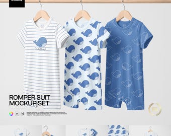 Baby Bodysuit Mockup Set, Short Sleeve Infant Clothing PSD, 5 Front, Back, Flat Lay and Hanger Scenes
