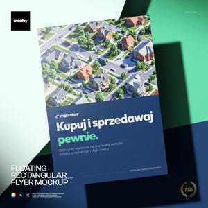 May include: A rectangular flyer mockup featuring an aerial view of a suburban neighborhood with houses and streets. The lower section is a dark blue field with the white text mgbroker, Kupuj i sprzedawaj pewnie, and smaller Polish text.