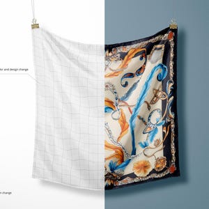 May include: A mockup of a white fabric with a grid pattern hanging from a clip. The fabric is on the left side of the image. On the right side of the image is a patterned scarf with a blue, black, orange, and white design hanging from a clip. The background is a light blue color.
