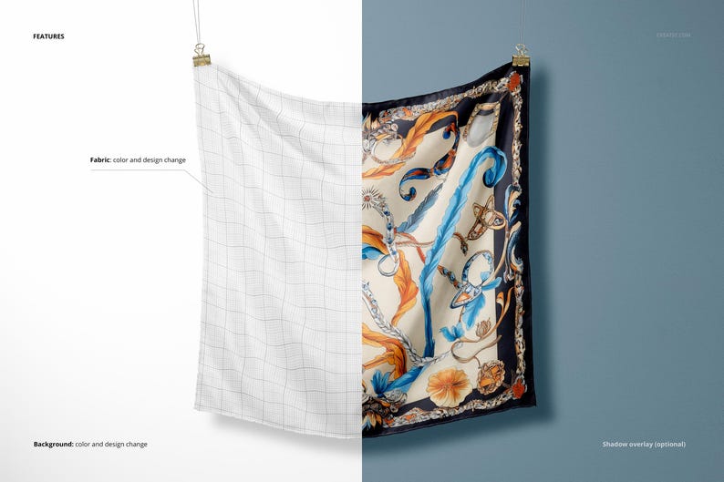 May include: A mockup of a white fabric with a grid pattern hanging from a clip. The fabric is on the left side of the image. On the right side of the image is a patterned scarf with a blue, black, orange, and white design hanging from a clip. The background is a light blue color.