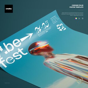 May include: A poster template with a futuristic design. The poster features the text "Vibe Fest" in large white letters, with a stylized chrome figure and the event dates "24-25". The background is a gradient of teal and blue.