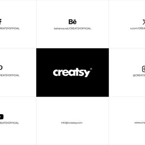 Op de afbeelding: Een zwart-wit rasterindeling met social media-pictogrammen en website-adressen. Het centrale vierkant toont het woord "creatsy" in wit op een zwarte achtergrond. Strak en modern ontwerp.