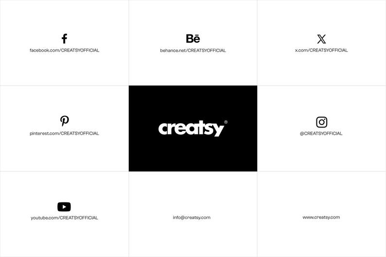 Op de afbeelding: Een zwart-wit rasterindeling met social media-pictogrammen en website-adressen. Het centrale vierkant toont het woord "creatsy" in wit op een zwarte achtergrond. Strak en modern ontwerp.