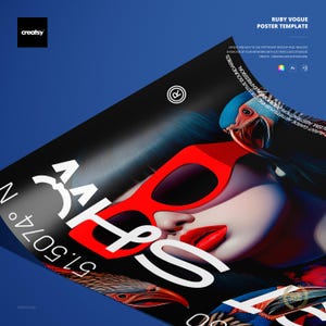 Puede incluir: Una plantilla de póster titulada "Ruby Vogue" con una ilustración estilizada de una mujer con gafas de sol y lápiz labial rojos. El diseño incluye un loro y elementos de texto, sobre un fondo oscuro con un fondo azul. El póster es de Creatsy.