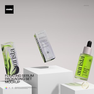 May include: A floating serum packaging set mockup featuring three items: two rectangular boxes and a glass bottle with a dropper. The boxes and bottle are white with green and black text and graphics. The bottle contains a green liquid.