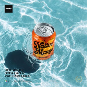Puede incluir: Una lata de refresco naranja con el texto "Native Mango" flota en el agua. La lata tiene una tapa plateada y está parcialmente sumergida. El agua es de color azul claro y la lata está mojada.