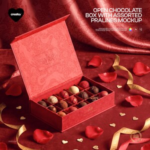 May include: An open red chocolate box with assorted pralines. The box is velvet-textured and contains various chocolate truffles and pralines. The text "CHOCOLATE SET BOX" is visible on the box. The background includes red rose petals and gold ribbons.