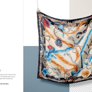 May include: A silk scarf with a colorful floral and chain pattern on a white background. The scarf is black with gold and blue accents. The scarf is hanging from a string.
